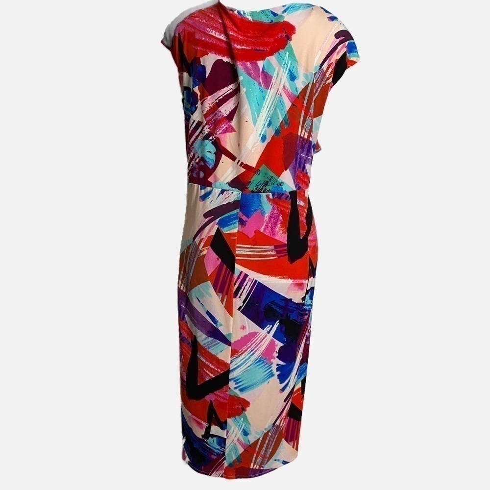 LONDON TIMES MULTICOLOR PAINT SPLASH FASHION FAUX WRAP MIDI DRESS - Picture 2 of 14